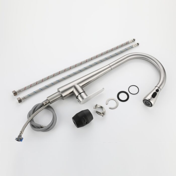 Stainless steel kitchen faucet with flexible hoses and installation accessories.