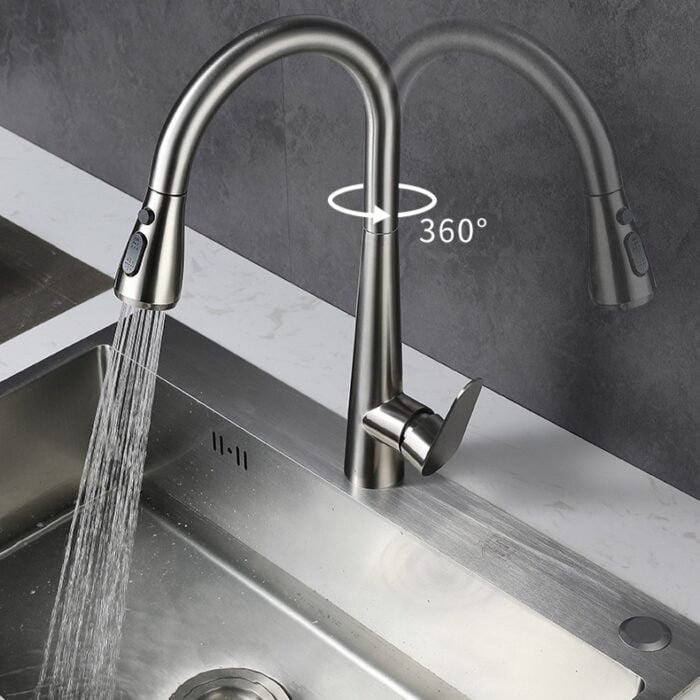 High-quality stainless steel kitchen faucet with 360-degree swivel, modern design, and easy operation for versatile use.
