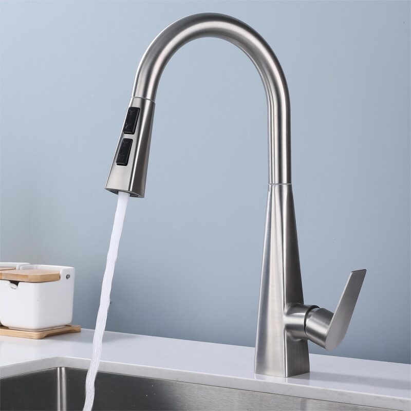 Sleek modern stainless steel kitchen faucet with touch controls and high-arc design.