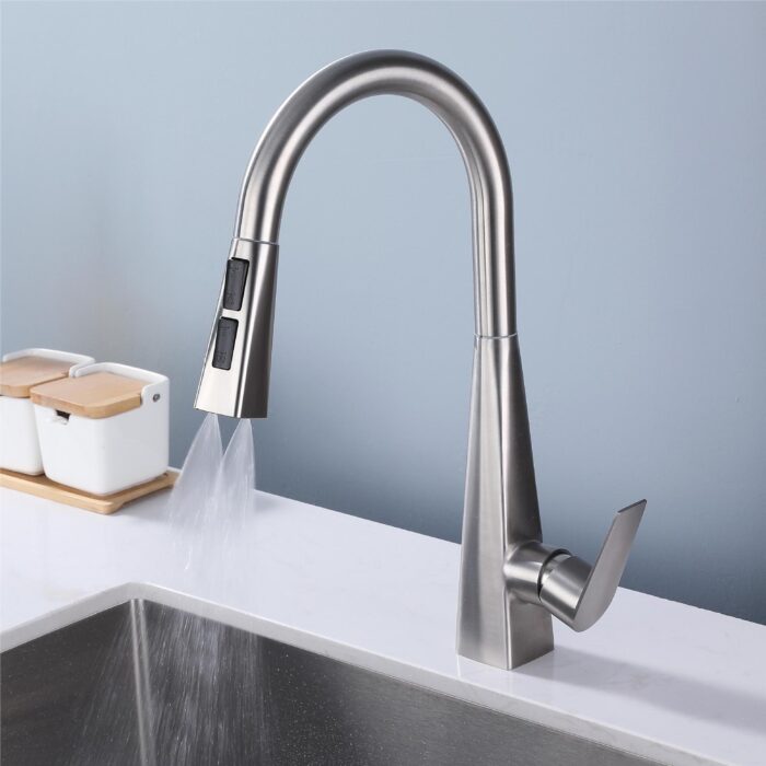 Sleek stainless steel kitchen faucet with touch controls and water flow options, modern design for contemporary kitchens.