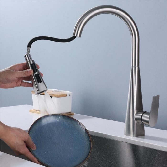 Easy-to-use stainless steel kitchen faucet with pull-down sprayer for modern sinks.