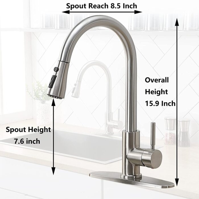 Smooth stainless steel kitchen faucet with 8.5-inch spout reach and adjustable height for modern sinks.