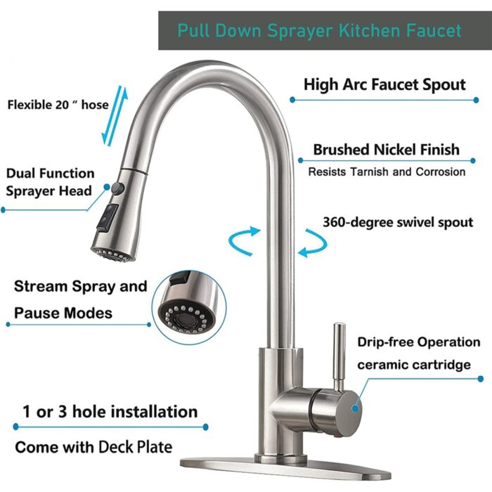 Pull down kitchen faucet with high arc spout and brushed nickel finish, adjustable spray head and 360-degree swivel.