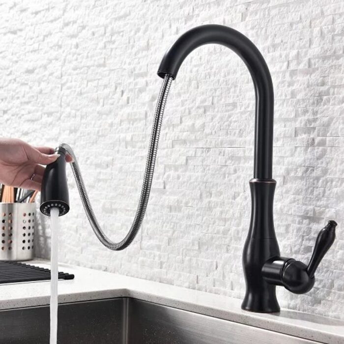 Modern matte black kitchen faucet with pull-down spray for seamless kitchen sink functionality.