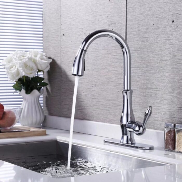 Polished chrome kitchen faucet with flowing water, modern design.