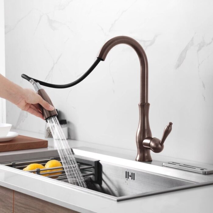 Brass kitchen faucet with pull-down sprayer, modern design, durable finish for home sink.