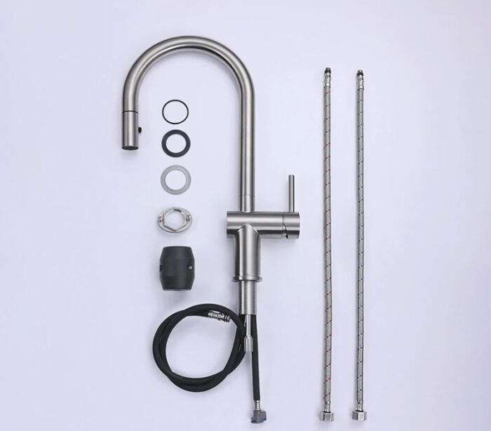 Sleek stainless steel kitchen faucet with flexible hoses and installation accessories.