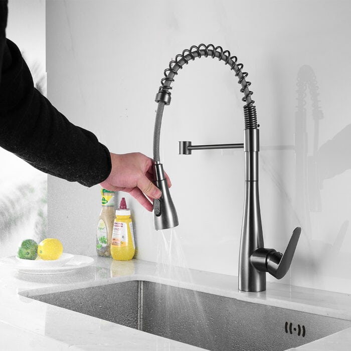 High-quality stainless steel kitchen faucet with flexible spring hose for easy water control and modern design.