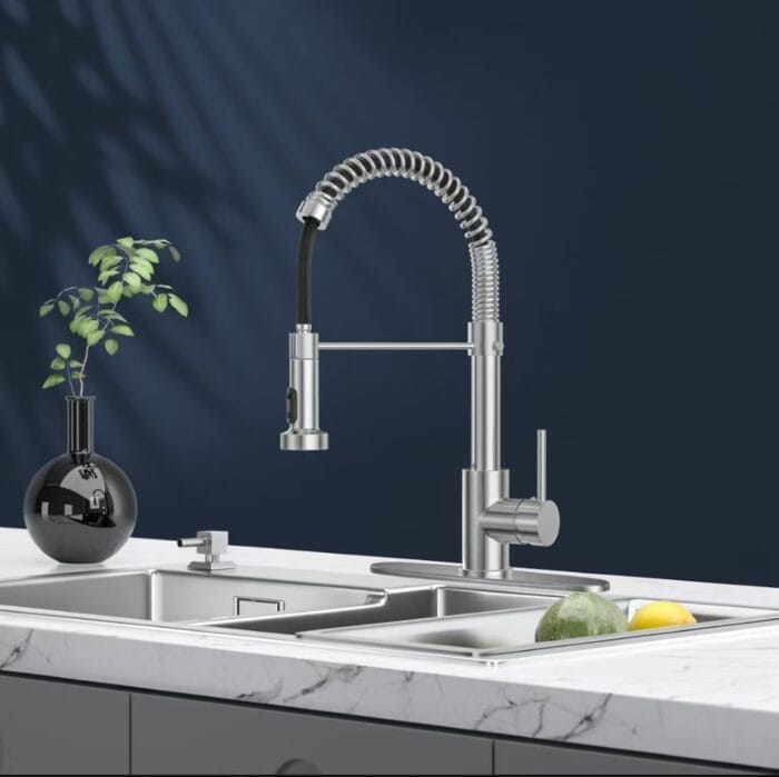 1. High-quality stainless steel kitchen faucet with spring pull-down hose for modern kitchen design.