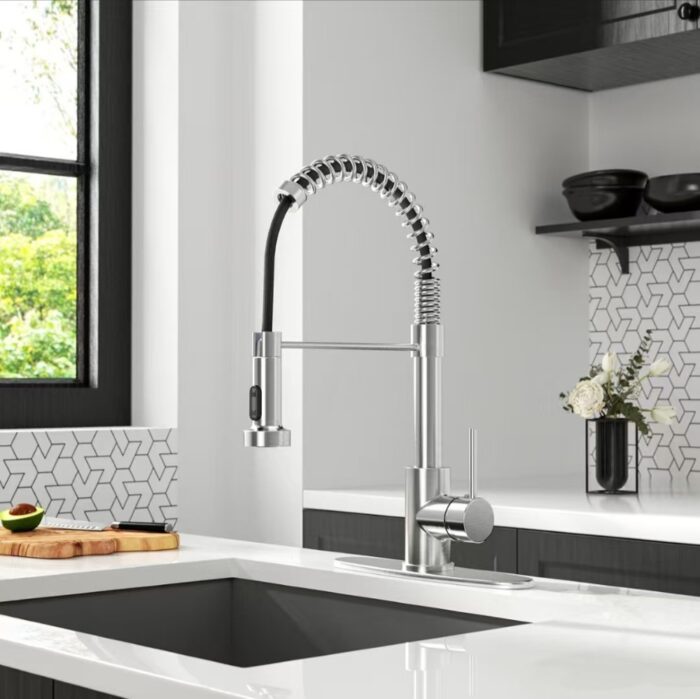 High-arc modern kitchen faucet with pull-down spray, stainless steel finish for farmhouse and contemporary kitchens.