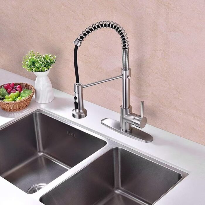 Stainless steel kitchen tap with flexible spring spout and dual sink fixtures for modern kitchen use.