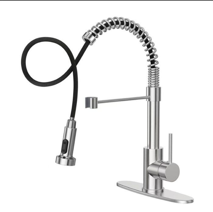 High-end stainless steel kitchen faucet with flexible pull-down sprayer for modern kitchens.