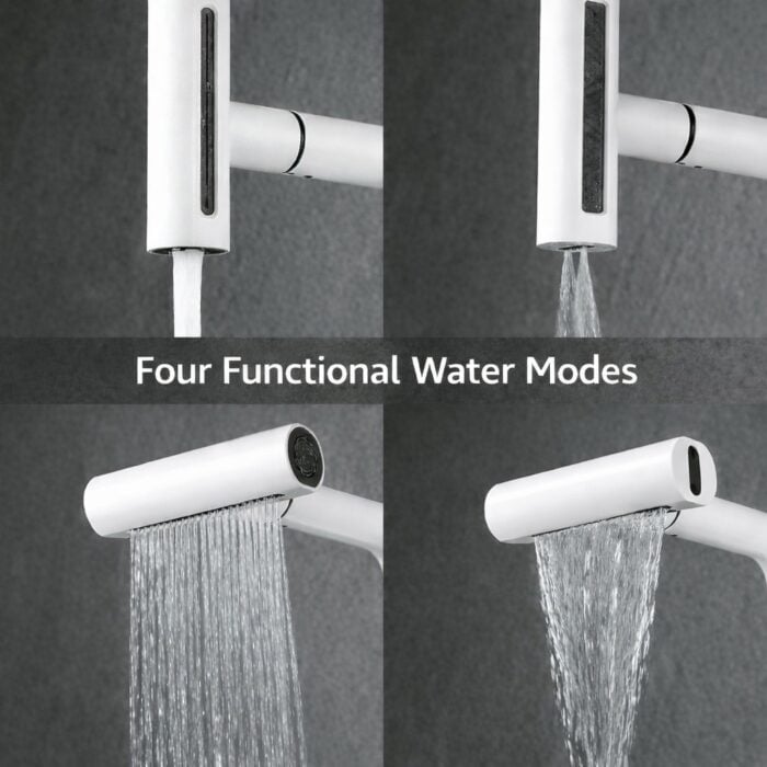 Modern white faucet with four water modes for kitchen or bathroom use.