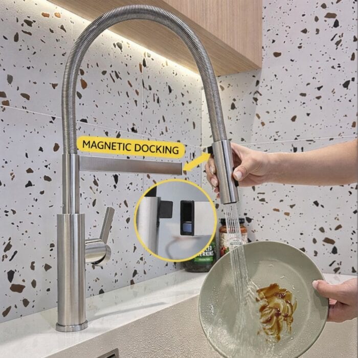 Sleek stainless steel kitchen faucet with magnetic docking feature for convenient use and modern kitchen decor.