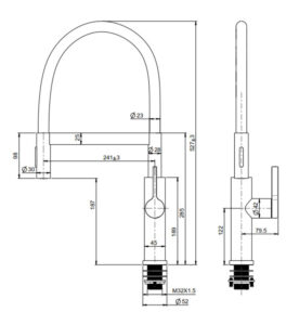 Technical drawing of a modern kitchen faucet with detailed measurements and specifications.
