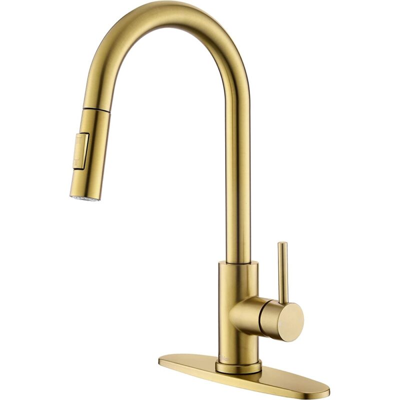 Brass kitchen faucet with modern single-handle design, perfect for contemporary homes.