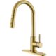 Brass kitchen faucet with modern single-handle design, perfect for contemporary homes.