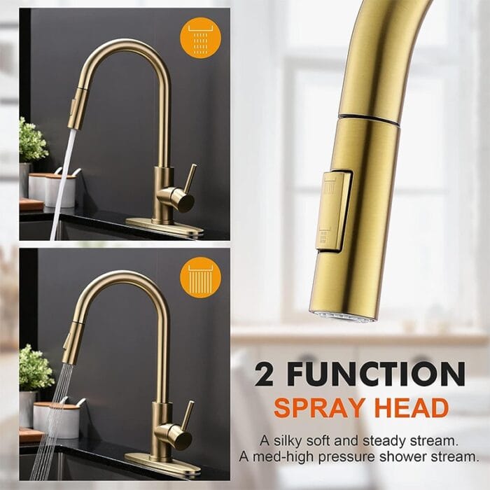 Brass kitchen faucet with spray head featuring dual functions for steady stream and spray mode.
