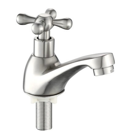 Polished stainless steel kitchen faucet, durable design for modern homes, easy installation, and smooth water flow.