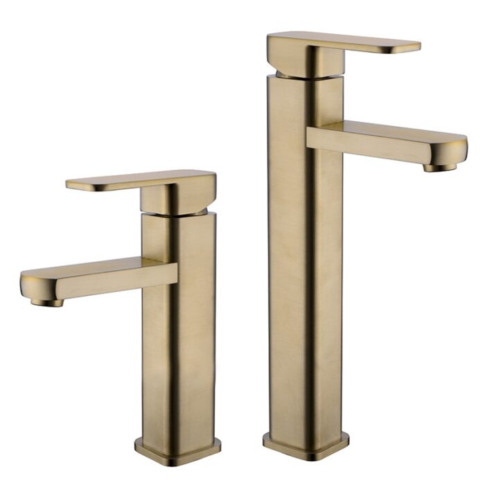 Sleek brushed gold bathroom sink faucets with modern minimalist design.