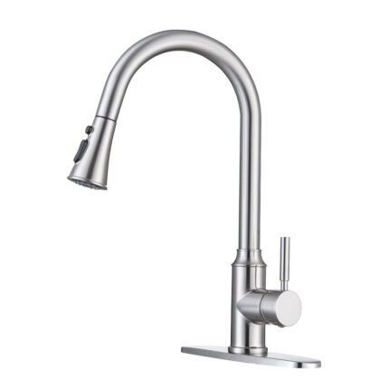 Stainless steel kitchen faucet with modern design and single handle for easy control.