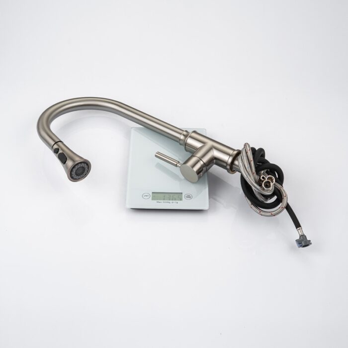 Sleek stainless steel kitchen faucet with pull-down spray for modern homes.