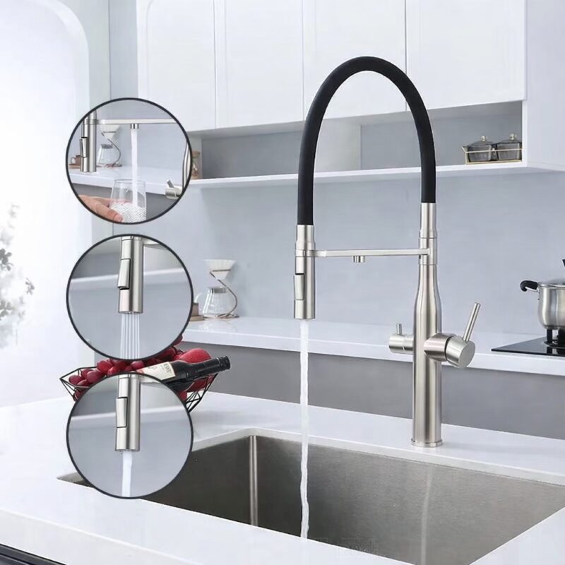 Modern stainless steel kitchen faucet with pull-down spray head and black flexible hose for easy cleaning.