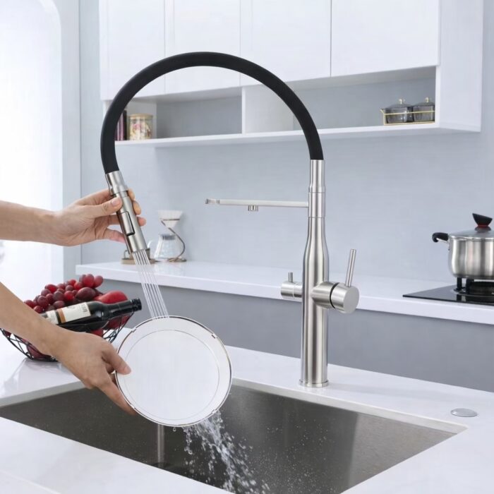 Modern stainless steel kitchen faucet with pull-down sprayer and black flexible hose.
