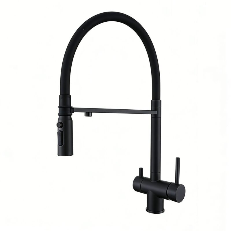Sleek black kitchen faucet with modern design and dual-function handles for enhanced usability.