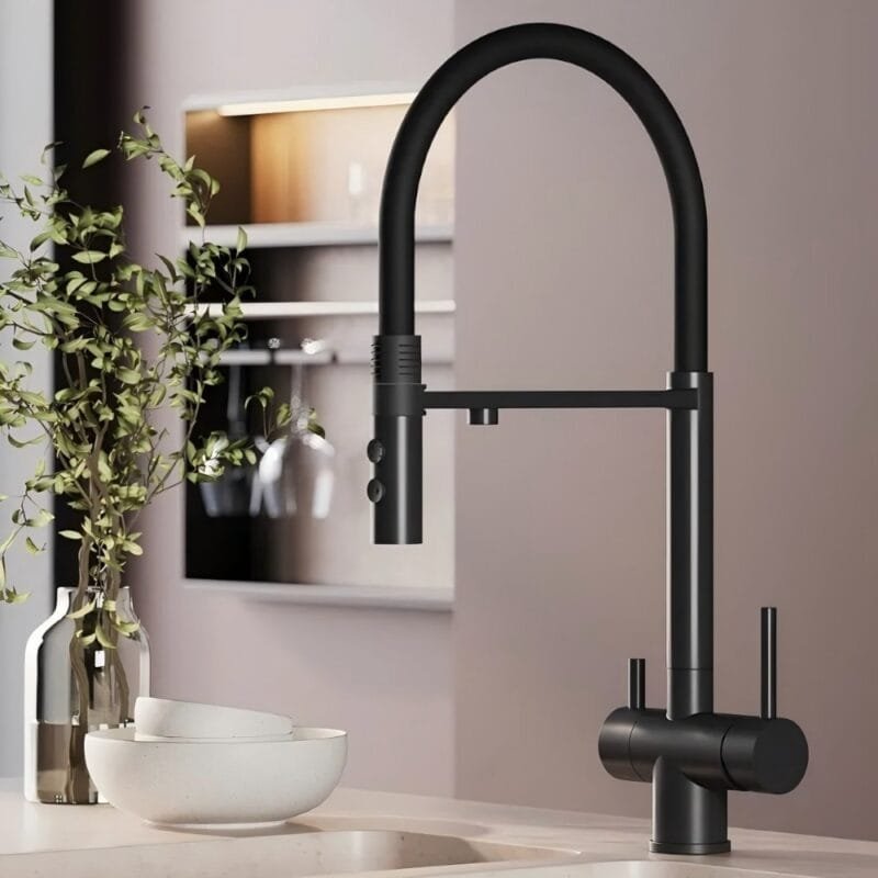 Modern black kitchen faucet with pull-down spray, sleek design, high-quality finish.