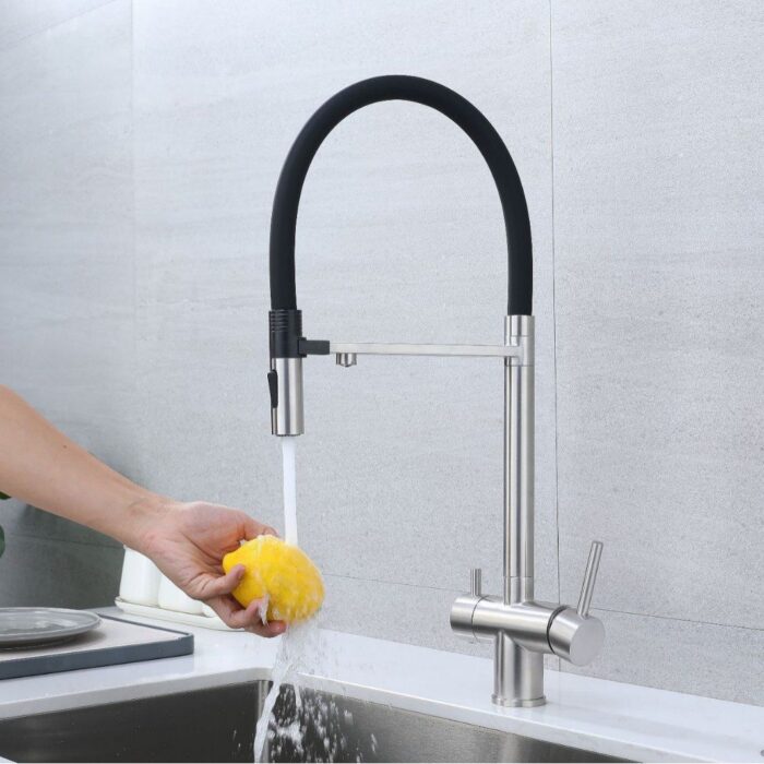 High-quality modern kitchen faucet with black and stainless steel finish, perfect for stylish kitchen decor.