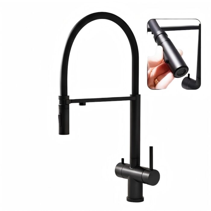 Black modern kitchen faucet with pull-down spray head, sleek design, and easy installation.