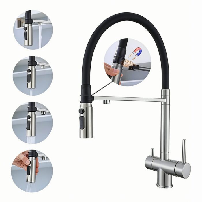 Adjustable kitchen faucet with pull-down sprayer and touch control features.
