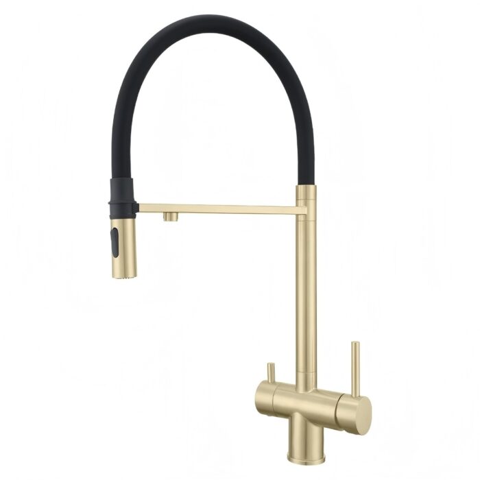 Sleek gold kitchen faucet with black flexible hose for modern sink installation.