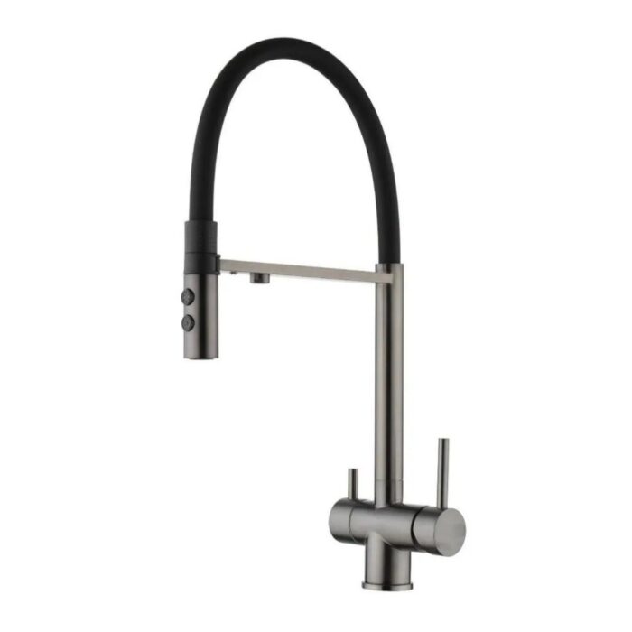 Sleek modern kitchen faucet with pull-down sprayer in stainless steel finish.