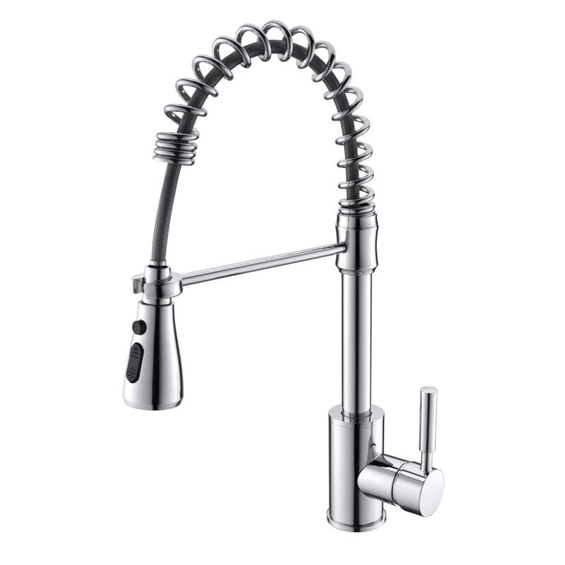 Flexible spring kitchen faucet with pull-down spray, modern stainless steel design, high-arc spout, and durable construction.