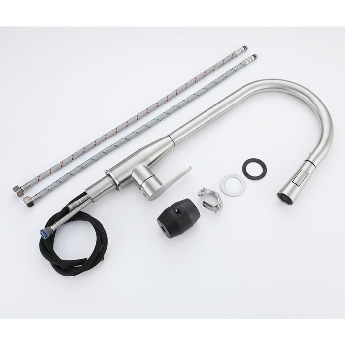 Modern stainless steel kitchen faucet with flexible hoses and installation accessories for easy setup.