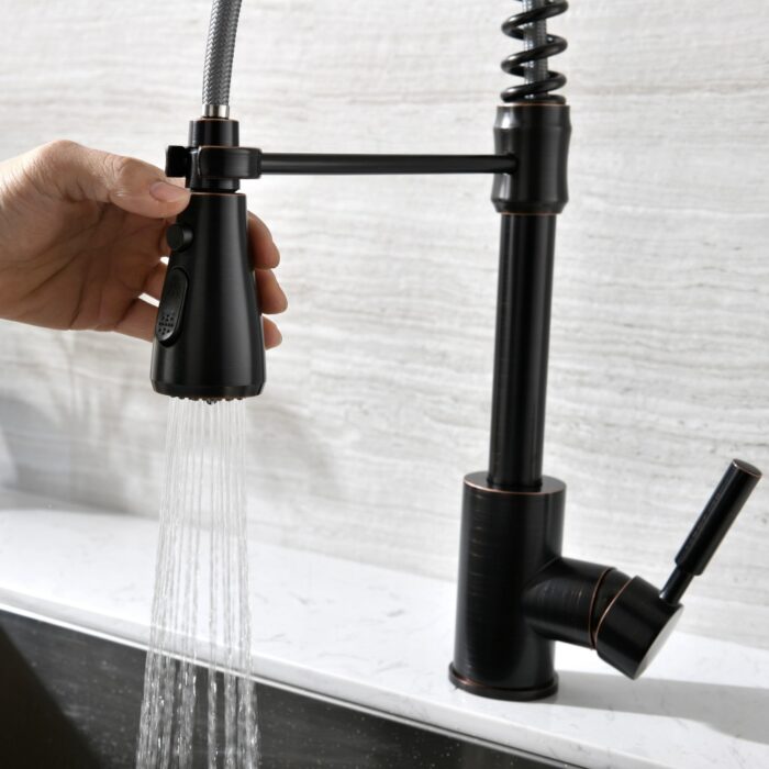 Modern black kitchen faucet with pull-down spray head, durable and stylish design.
