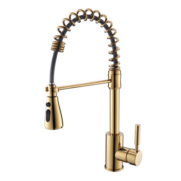 Luxurious gold kitchen faucet with flexible pull-down spray and modern design.