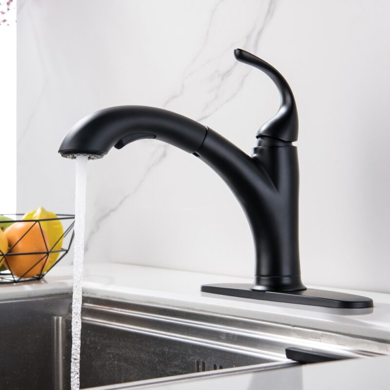 Sleek black kitchen faucet with modern design, perfect for stylish home updates.