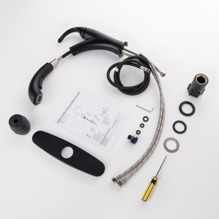 High-quality kitchen faucet assembly parts with flexible hoses and tools for easy installation.