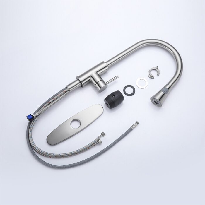 Modern stainless steel kitchen faucet with flexible hose and installation accessories for easy setup.