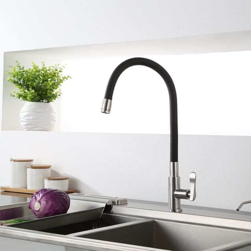 Sleek black kitchen tap with modern design and stainless steel accents, perfect for contemporary kitchens.