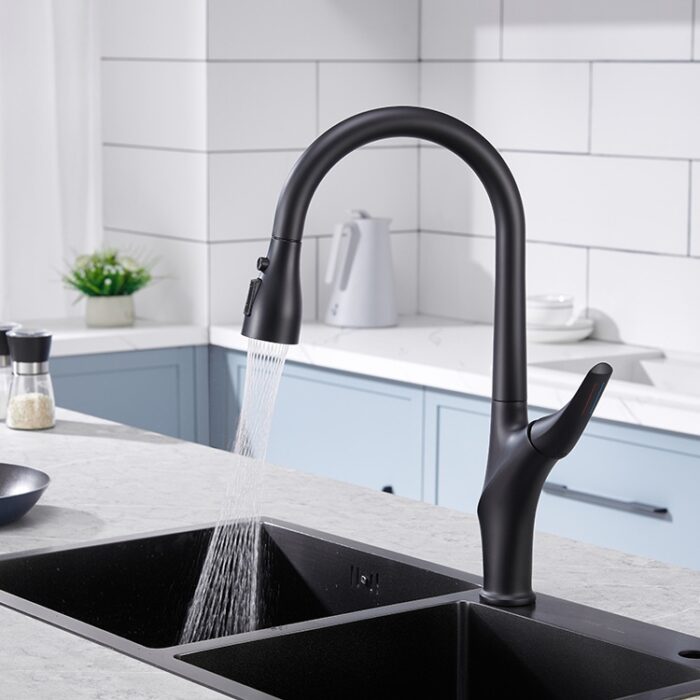 Modern black kitchen faucet with pull-down spray head and sleek design.
