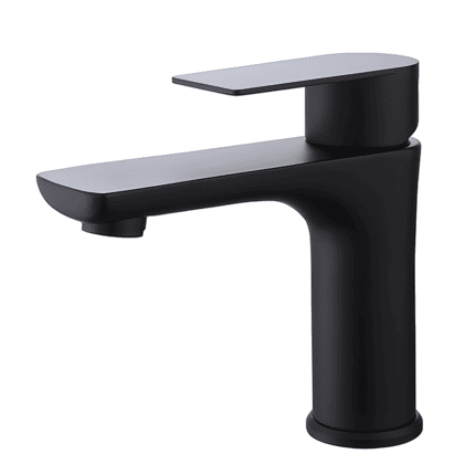 Modern black bathroom sink faucet with sleek design and single lever handle.