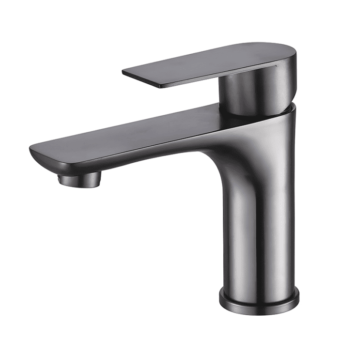 Sleek modern stainless steel bathroom sink faucet with minimalist design.