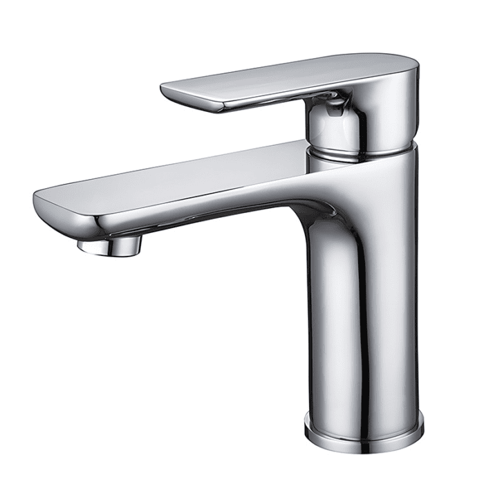 Sleek modern chrome kitchen faucet with single handle and curved spout.