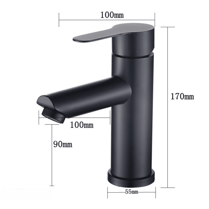 Brushed black bathroom faucet with modern design, 170mm height and 100mm spout reach.