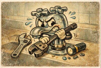 Clogged kitchen faucet repair cartoon with angry faucet character fixing plumbing issue.