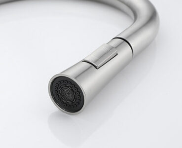 Modern silver kitchen faucet with flexible hose for easy use and cleaning.